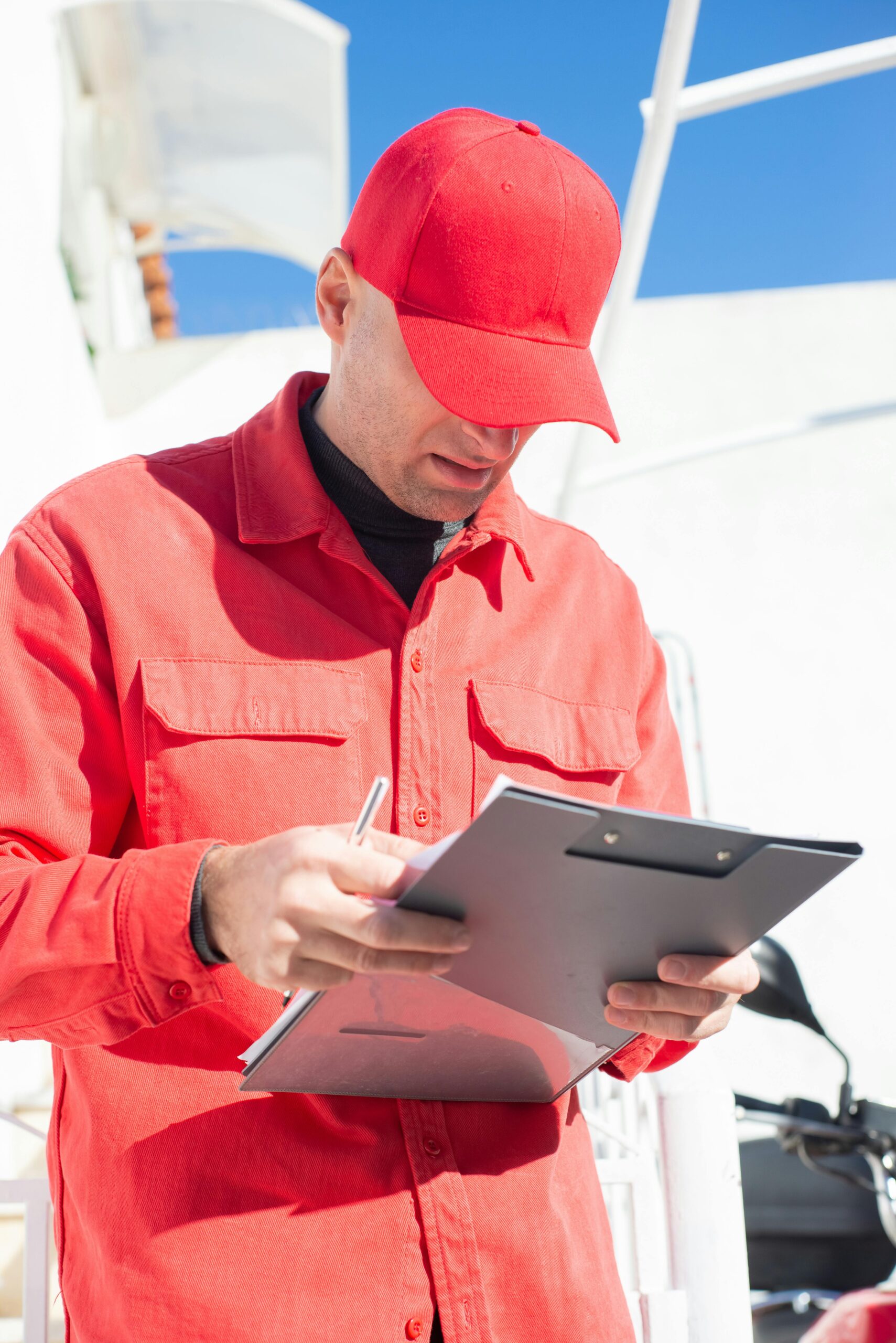A delivery worker in a red cap and jacket checking a clipboard on a sunny day.